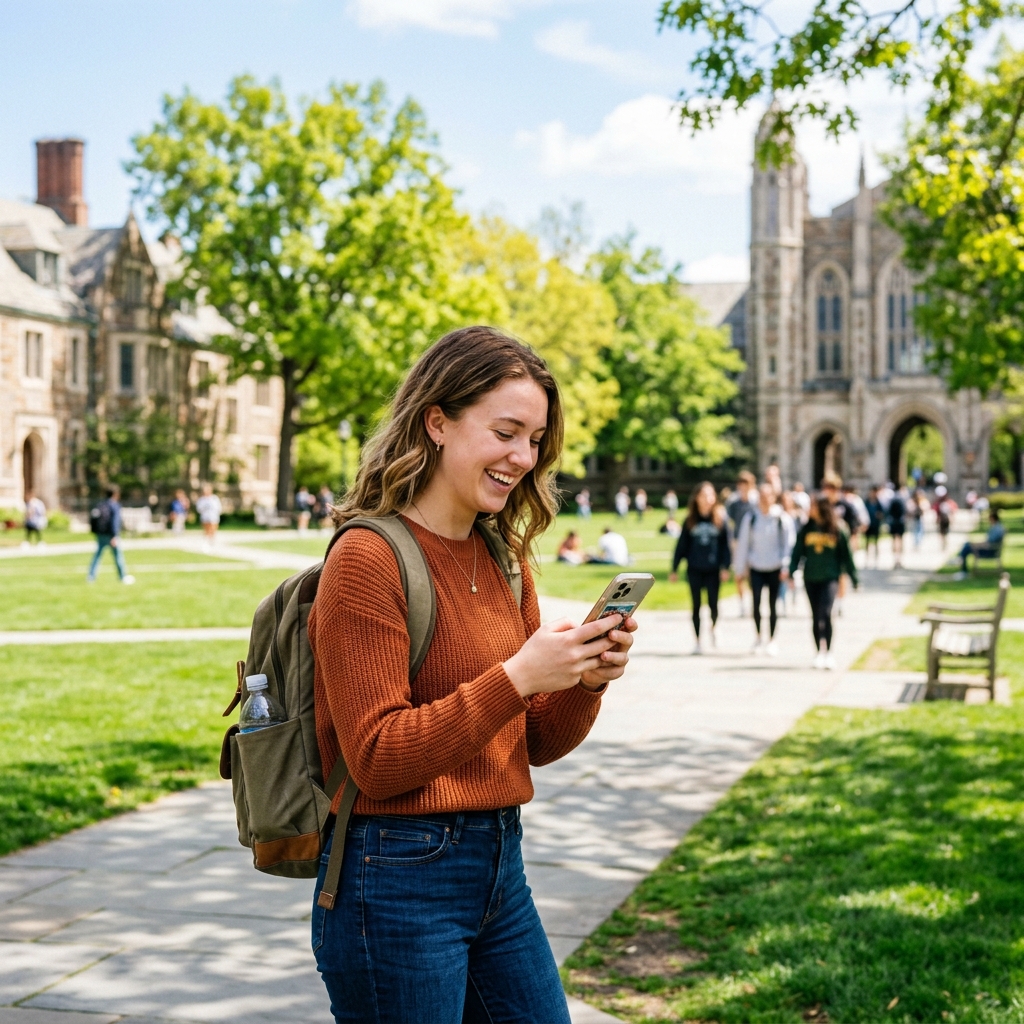 Estudiante universitaria usando smartphone